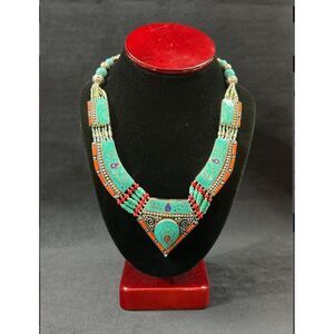 Rare Handcrafted Boho Tibetan Silver and Turquoise Inlay Pendant Necklace